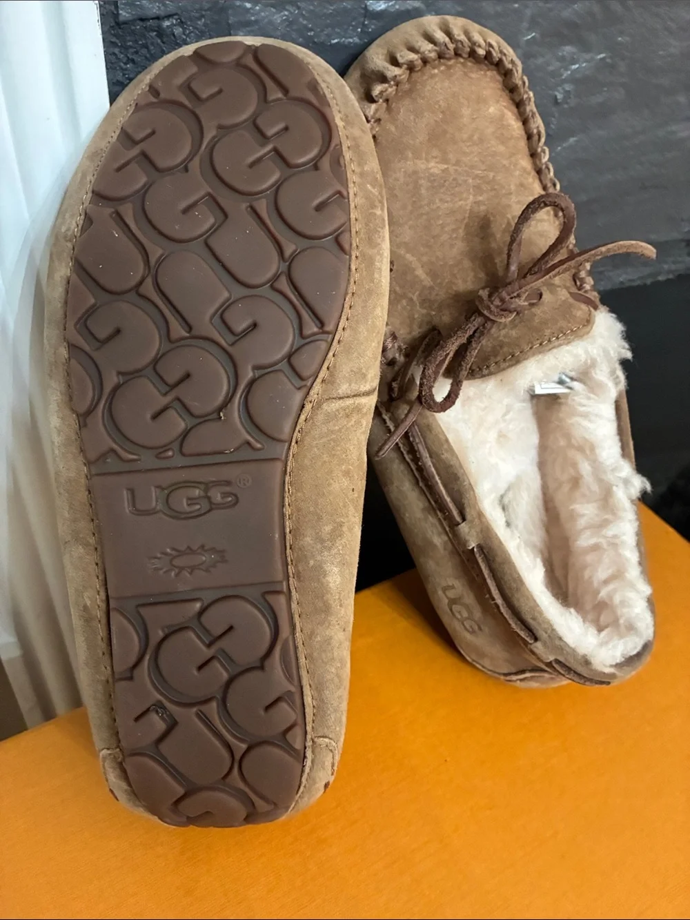 UGG Men’s Chestnut Brown Shearling-Lined Moccasin Slippers